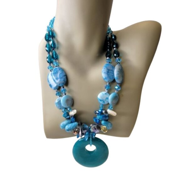 Chunky Blue Necklace Double Strand Beaded Necklace - Picture 1 of 13